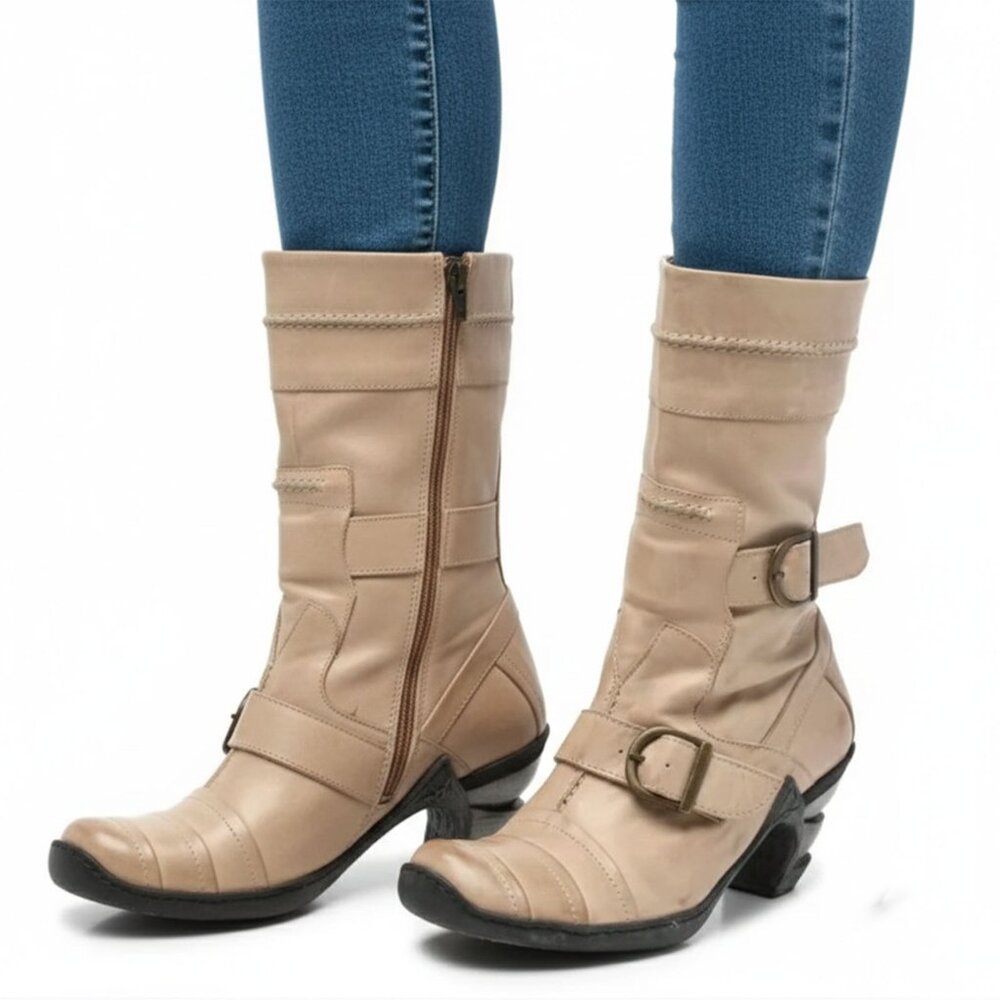 Eject Leather Boot Steampunk Moto Booties Buckles Straps Spiral Heel Tan Beige